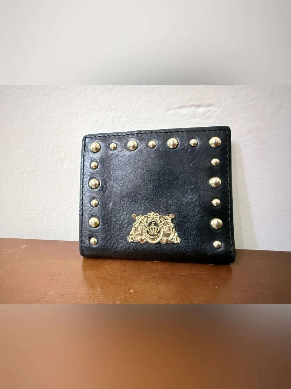Y2K Juicy Couture Black Leather Gold Studded Logo Charm Bifold Wallet Edgy Punk